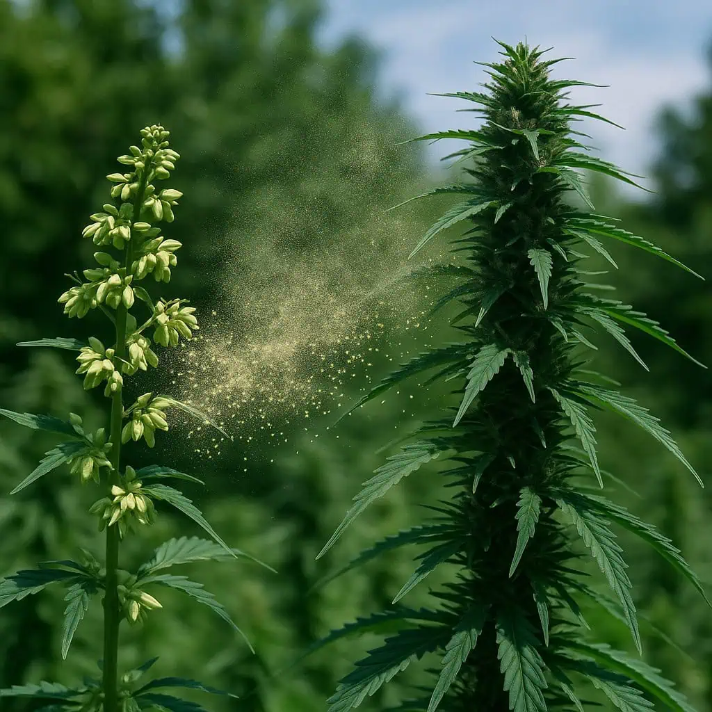 When To Separate Male And Female Weed Plants 1 a male cannabis plant spreads pollen on a female plant next to it. Cannabis pollination in an outdoor grow of cannabis plants.