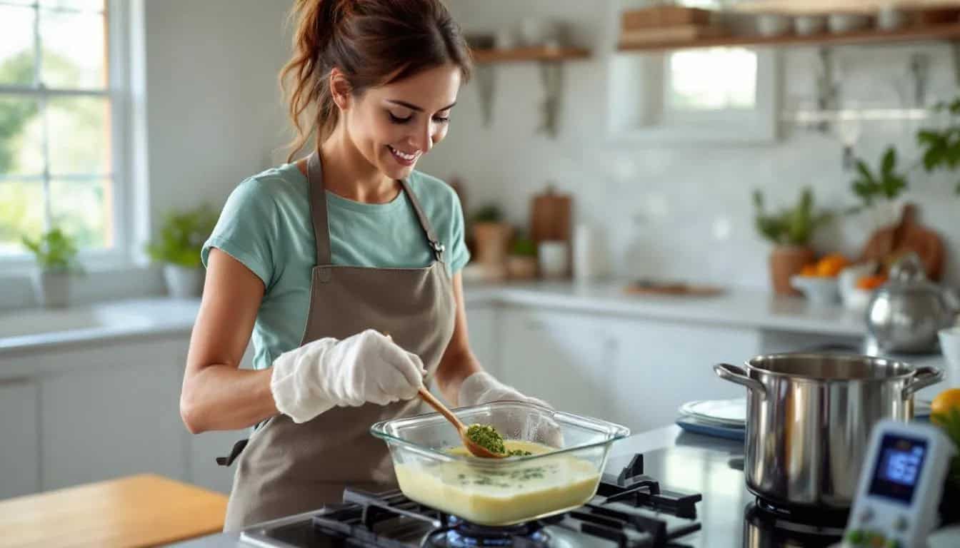 Secret Vegan Cannabutter Recipe: 4 Methods 2 A woman is in her kitchen, carefully decarboxylating cannabis flower on a baking sheet as part of her process for making cannabis infused butter. She is preparing to create homemade edibles, surrounded by various ingredients like coconut oil and a mixing bowl.