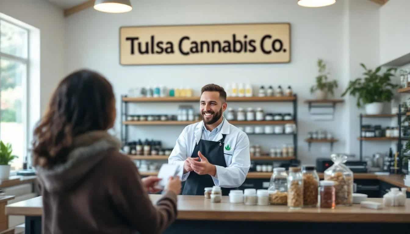 6 Steps to A Dispensary Job in Tulsa, Oklahoma 1 A budtender is assisting customers in an Oklahoma dispensary, showcasing various cannabis products while providing knowledgeable guidance about the cannabis industry. The scene reflects the vibrant atmosphere of a Tulsa cannabis job, emphasizing customer service and expertise in the field. Dispensary job Tulsa, OK