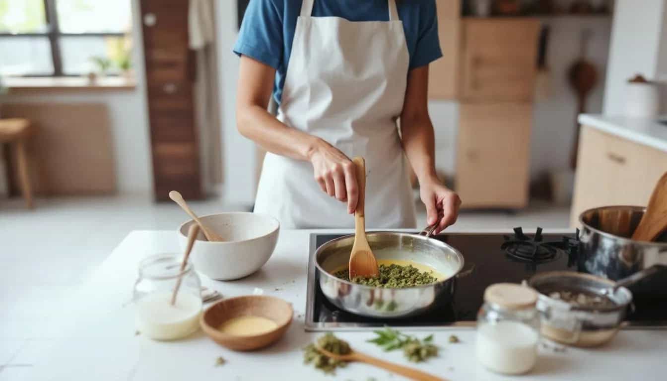 Secret Vegan Cannabutter Recipe: 4 Methods 1 A woman is in a cozy kitchen, preparing vegan cannabutter using coconut oil, as she carefully combines decarbed cannabis and the oil in a mixing bowl. The scene captures the infusion process, highlighting the ingredients and tools involved in making this cannabis infused butter for delicious homemade edibles.