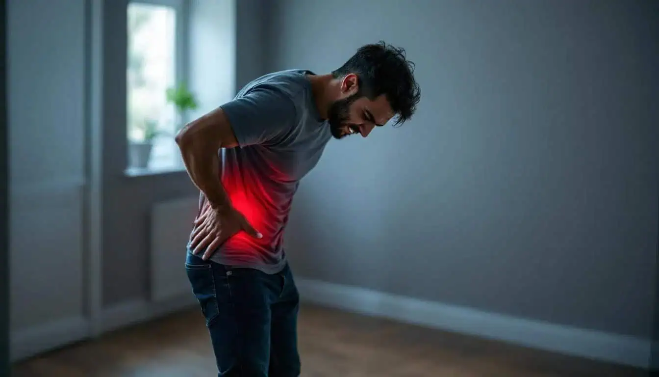 Five Best Strains for Pain Relief 1 A man is standing with a pained expression, holding his back as he experiences light discomfort, possibly indicating chronic or acute pain. This image reflects the struggles of managing pain and the search for effective pain relief solutions, such as cannabis strains known for their potential to alleviate pain sensations.