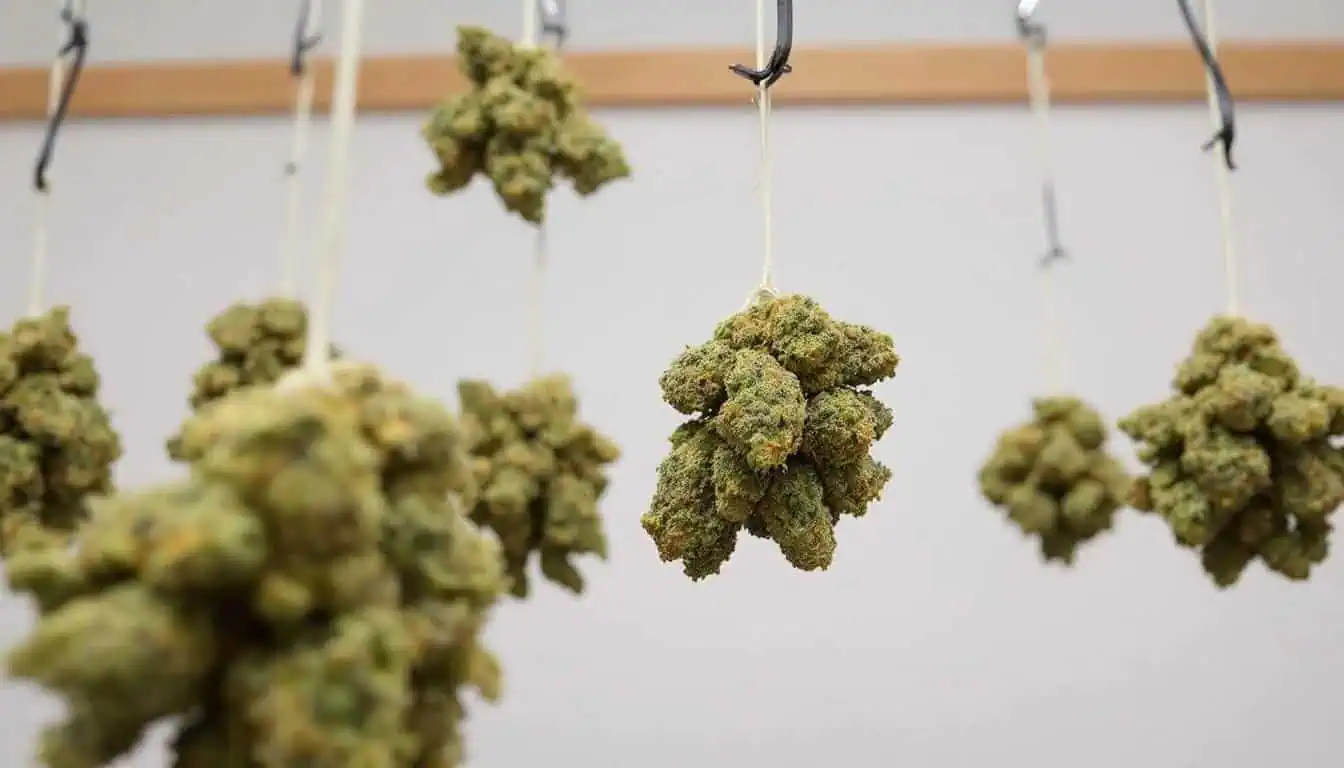 Cannabis Seed Breeding: Step-by-Step Guide 2025 3 In the image, several cannabis buds are hanging upside down to dry, showcasing their rich green and purple hues as they prepare for the harvesting stage. The drying process is essential for cannabis cultivation, allowing moisture to evaporate and enhancing the quality of the final product.