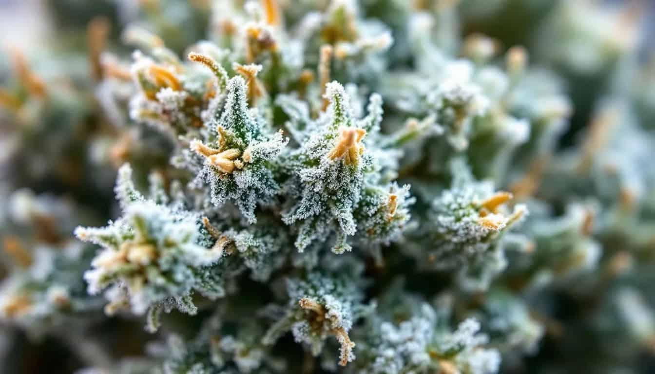 6 Best High CBD Strains – Benefits, Uses, Effects 1 A macro close-up of a frosty CBD cannabis flower showcases its rich trichomes and resin glands, glistening under soft natural light. This high CBD strain highlights the therapeutic benefits of cannabis, making it a preferred option for managing anxiety and promoting relaxation.