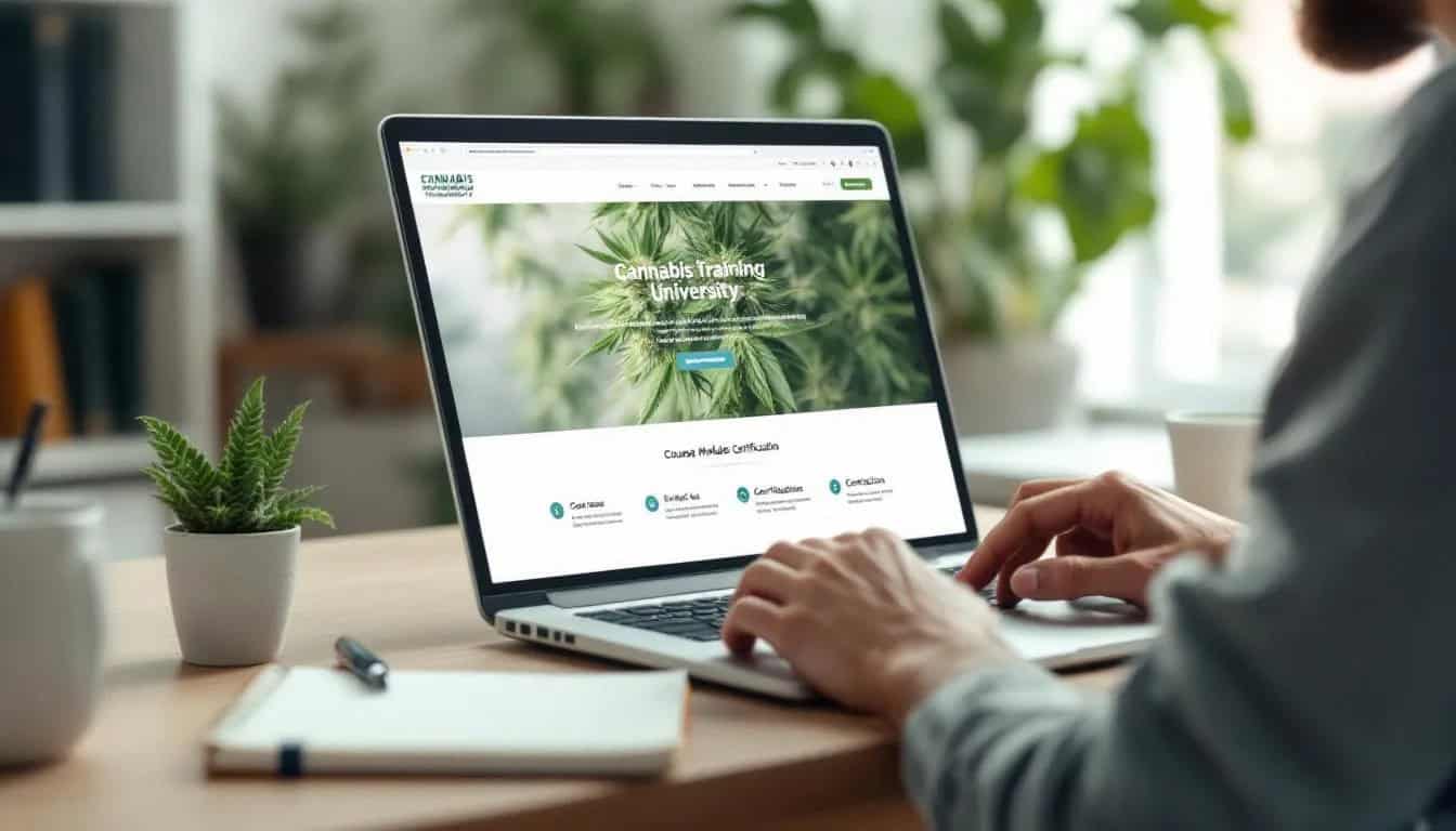 Best Cannabis Jobs In California Today 2025 2 A person is sitting at a desk, engaged in an online cannabis course for certification from Cannabis Training University, surrounded by cannabis plants and study materials, highlighting the importance of quality standards and compliance in the cannabis industry. This remote training opportunity prepares individuals for various roles in California's cannabis jobs market. Cannabis jobs California, training for it with online cannabis certification courses.