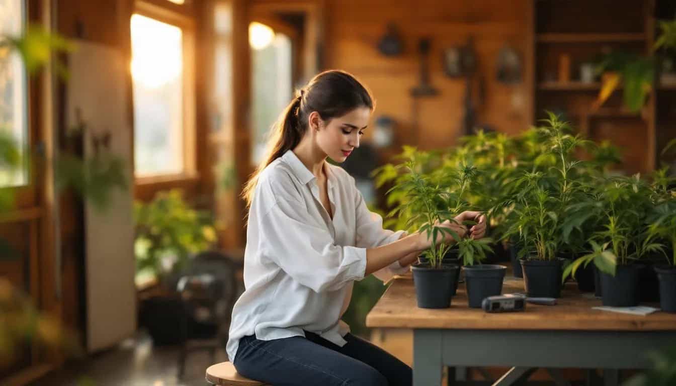 6 Amazing Remote Cannabis Jobs 1 A woman is working remotely in a cannabis job, engaged in tasks that involve research and operations related to cannabis plants. She is focused on creating helpful resources for customers and patients, showcasing the growing opportunities in the cannabis industry.