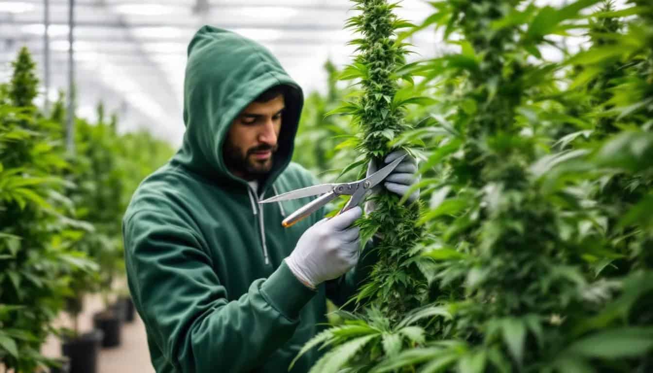 A cannabis cultivator is seen carefully topping a cannabis plant, which involves cutting the main stem to promote bushier growth and more branches. This technique enhances the plant's shape and encourages lateral growth, ultimately leading to a higher yield during the flowering stage.