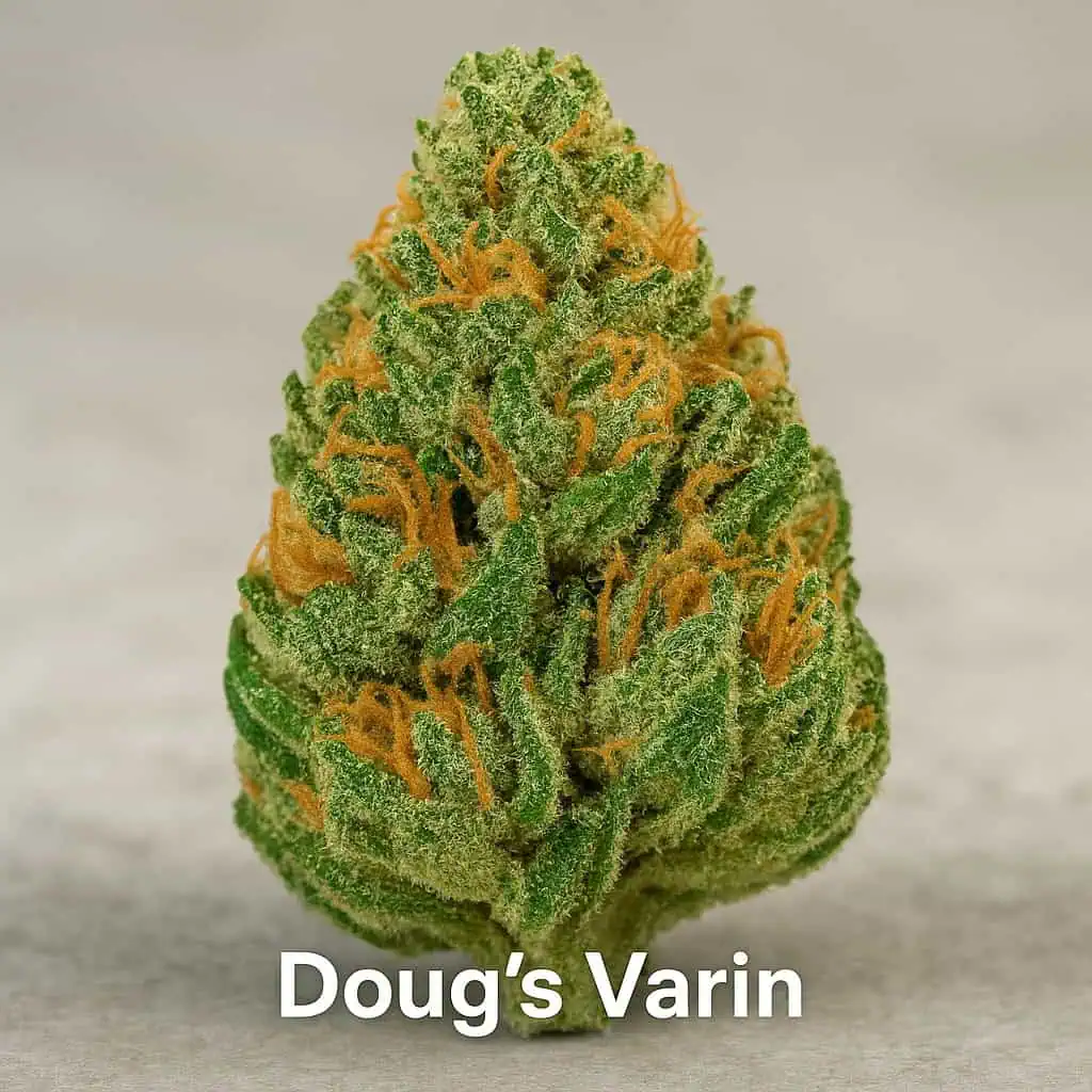 Doug’s Varin Strain : Highest THCV Cannabis 1 Doug's Varin strain. Close up of trichomes and hairs on a Doug's Varin bud.