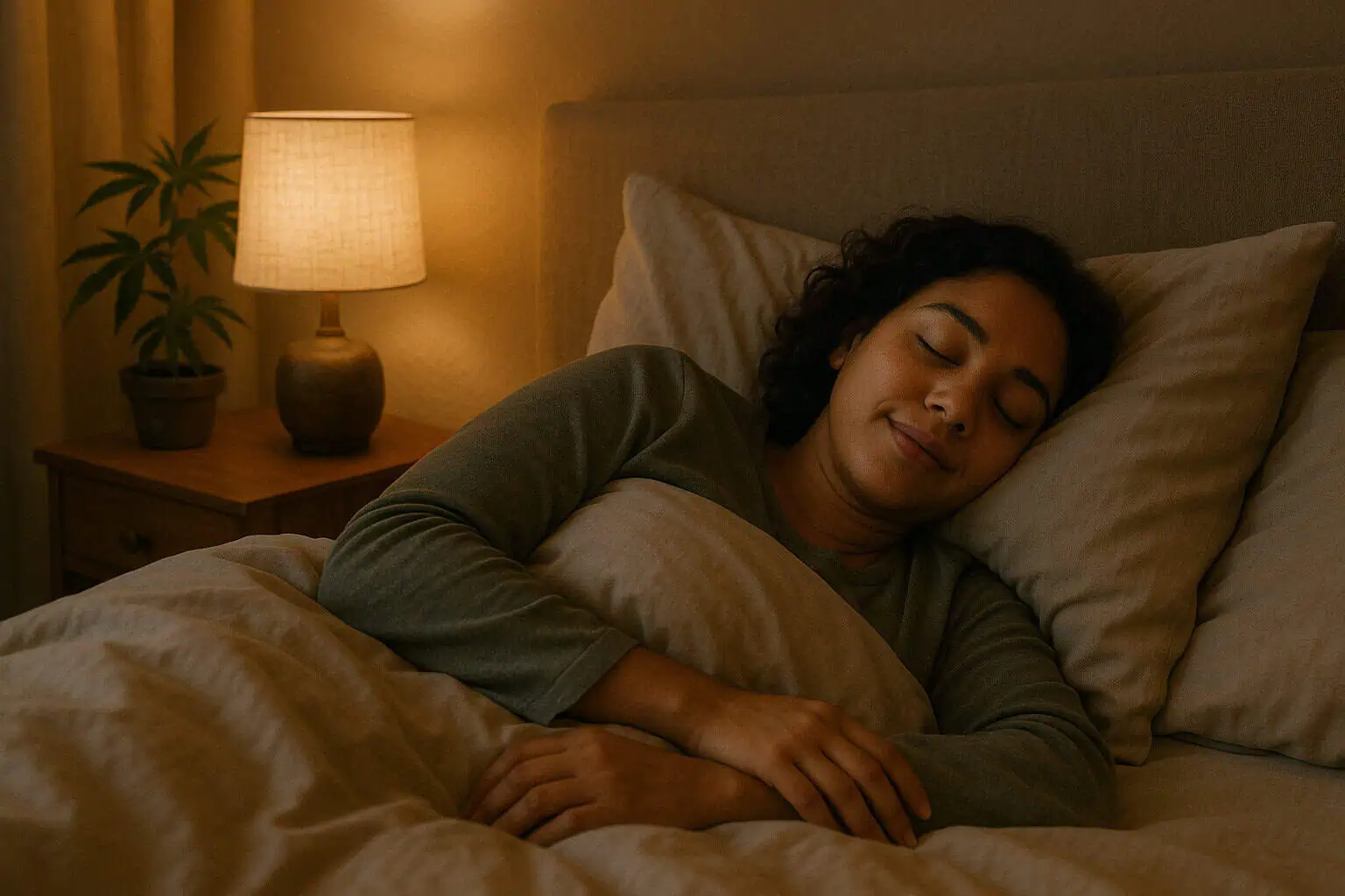 A person lies in bed sleeping peacefully under beige bedding—perhaps thanks to the best indica strains for sleep—with a lamp and a potted plant on a nightstand in the background.