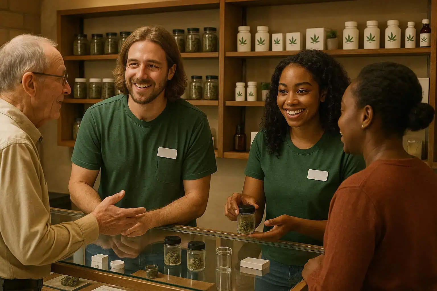 Two dispensary employees assist two customers at a glass counter, with cannabis products in jars and containers on shelves behind them, reflecting a bustling scene typical in today’s cannabis employment report.