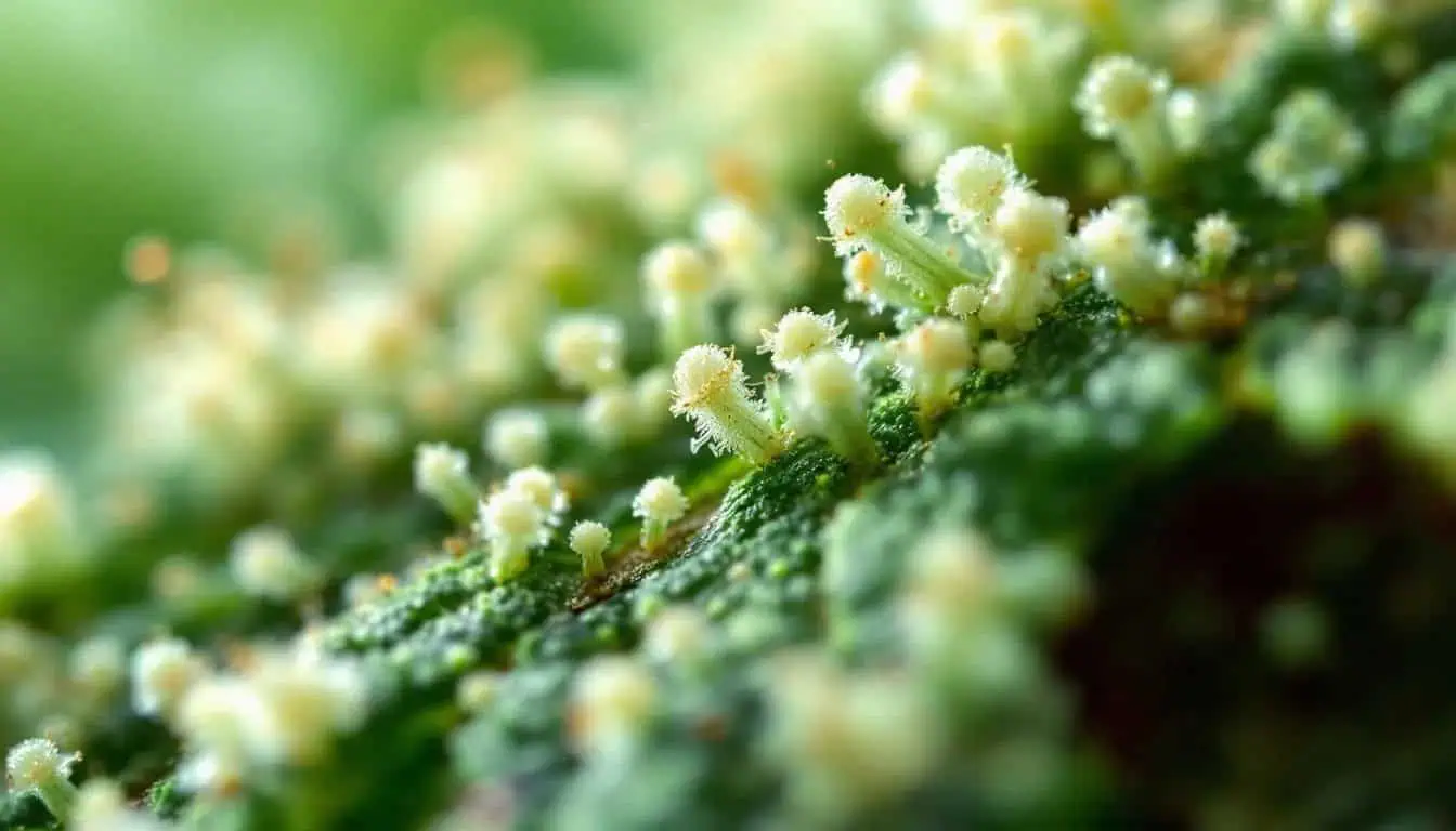 Supreme Guide To Cannabis Trichomes 2025 2 A highly detailed close-up image of cannabis trichomes showcases the intricate glandular structures on the surface of cannabis flowers, highlighting the bulbous and capitate stalked trichomes that produce cannabinoids and terpenes. The image reveals the milky and amber hues of the trichomes, emphasizing their role in plant defense and resin production.