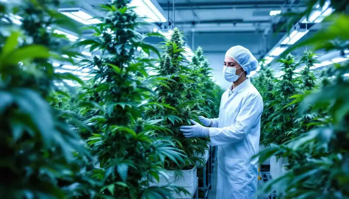 Definitive U.S. Cannabis Employment Report 2025 2 A cannabis grower is tending to plants inside a well-lit indoor cannabis facility, showcasing the vibrant greenery and organized rows of cannabis plants. This scene highlights the fast-paced environment of the cannabis industry, where individuals can explore various career opportunities and join a committed team in San Francisco.