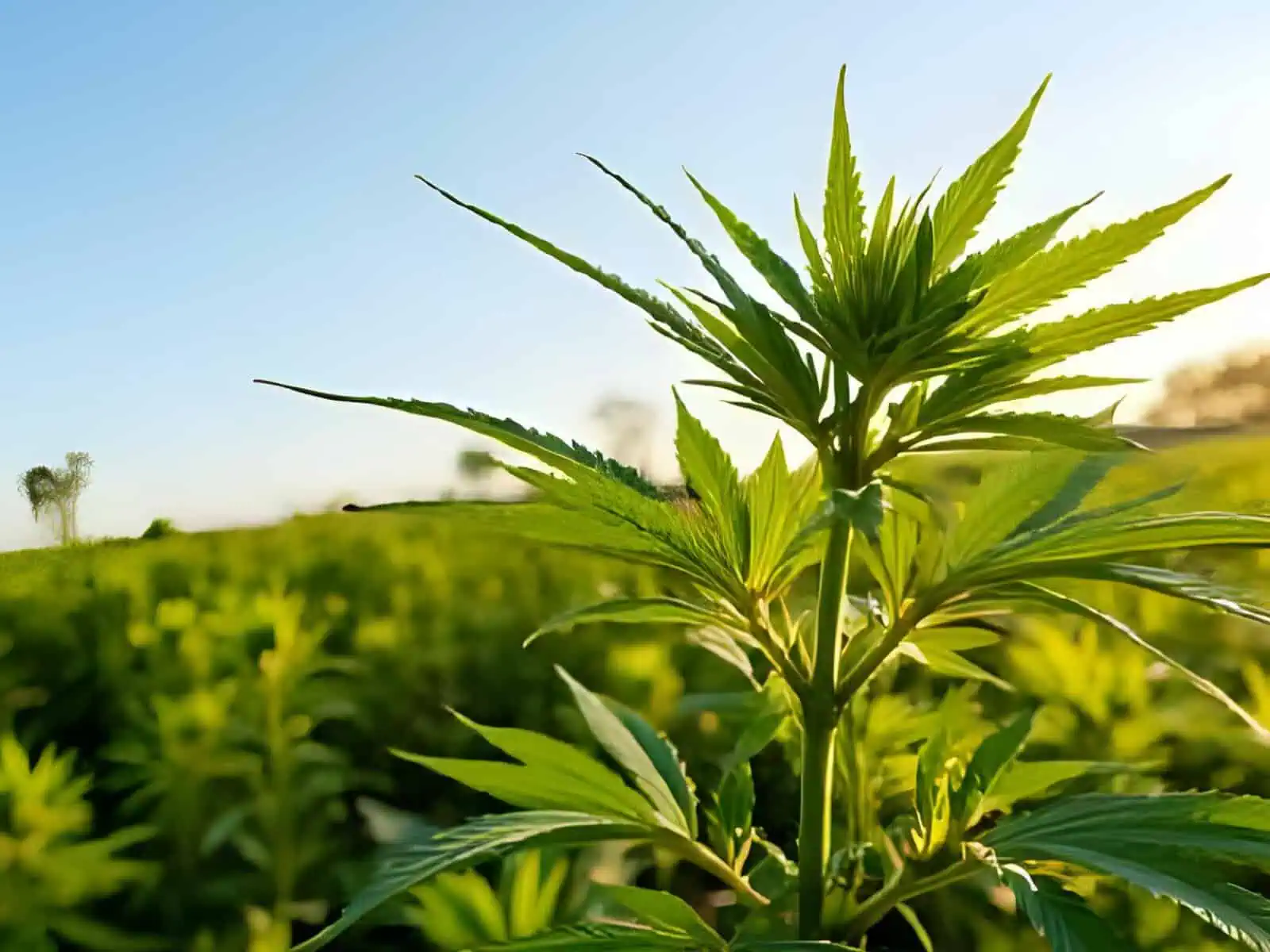 A close-up of a multiple Cap Junky Strain cannabis plants photographed against a sunlight blue background.