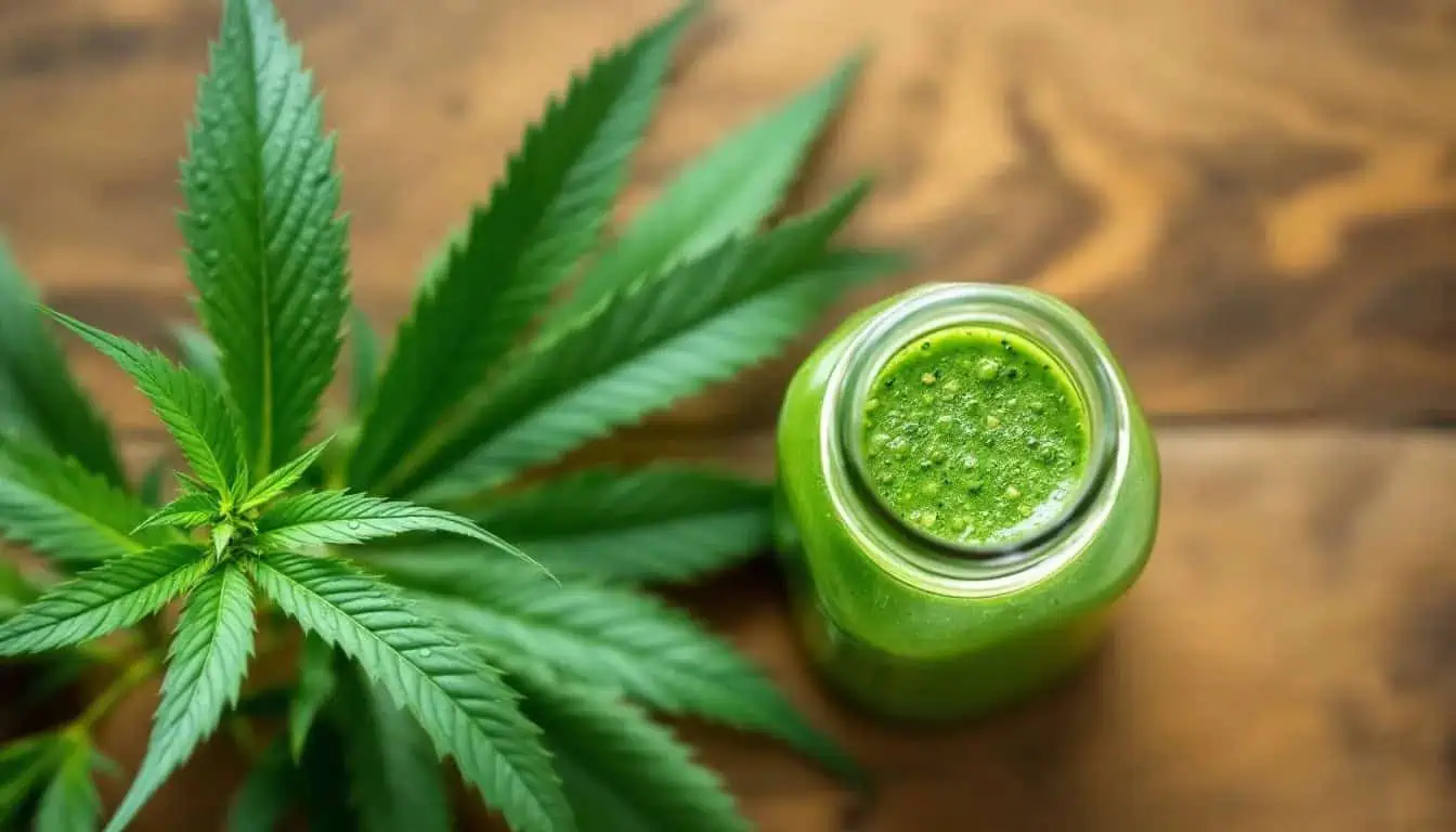 Cannabis Juicing: Benefits, Nutrition & How to Make Raw Cannabis Juice 2 An image of freshly juiced cannabis, showcasing vibrant dark green liquid in a glass, surrounded by raw cannabis leaves and buds. This visually emphasizes the health benefits of consuming raw cannabis, highlighting its potential as a plant-based medicine rich in essential nutrients and the importance of cannabis juicing