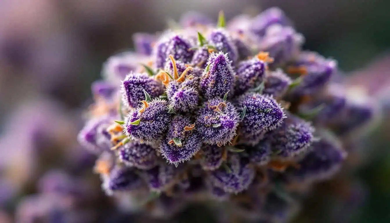 11 Best Indica Strains for Sleep-Absolute Guide 2 A close-up image of a vibrant purple platinum cannabis bud showcases its rich hues and dense trichomes, characteristic of potent indica strains known for their relaxing effects and therapeutic benefits. This striking visual highlights the beauty of cannabis indica plants, often sought after for pain relief and promoting better sleep quality.