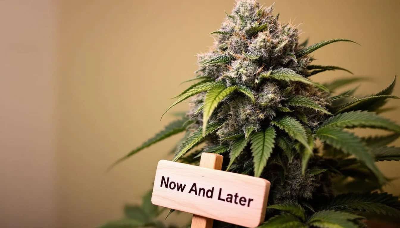 Resourceful Guide To Now And Later Strain 1 The image depicts the Now And Later strain of cannabis, showcasing its vibrant green buds that are dense and frosty, indicating high THC levels. This hybrid strain is known for its fruity and citrus flavor profile, offering therapeutic benefits for conditions like chronic pain and insomnia, while providing a relaxing and euphoric experience.