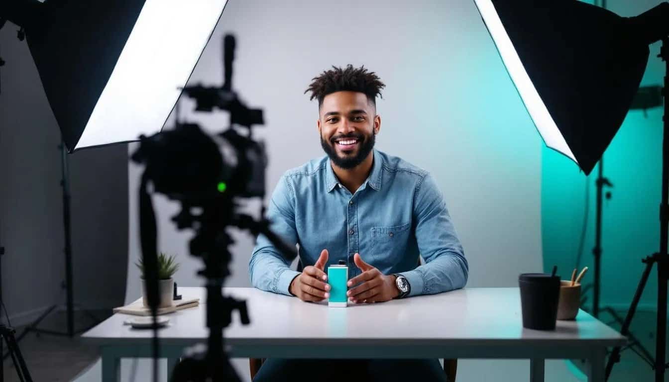 A cannabis content creator is filming a product review video, surrounded by a professional lighting setup that enhances the vibrant colors of various cannabis products. This scene reflects the growing cannabis community and the influence of cannabis educators in promoting cannabis culture through engaging social media content.
