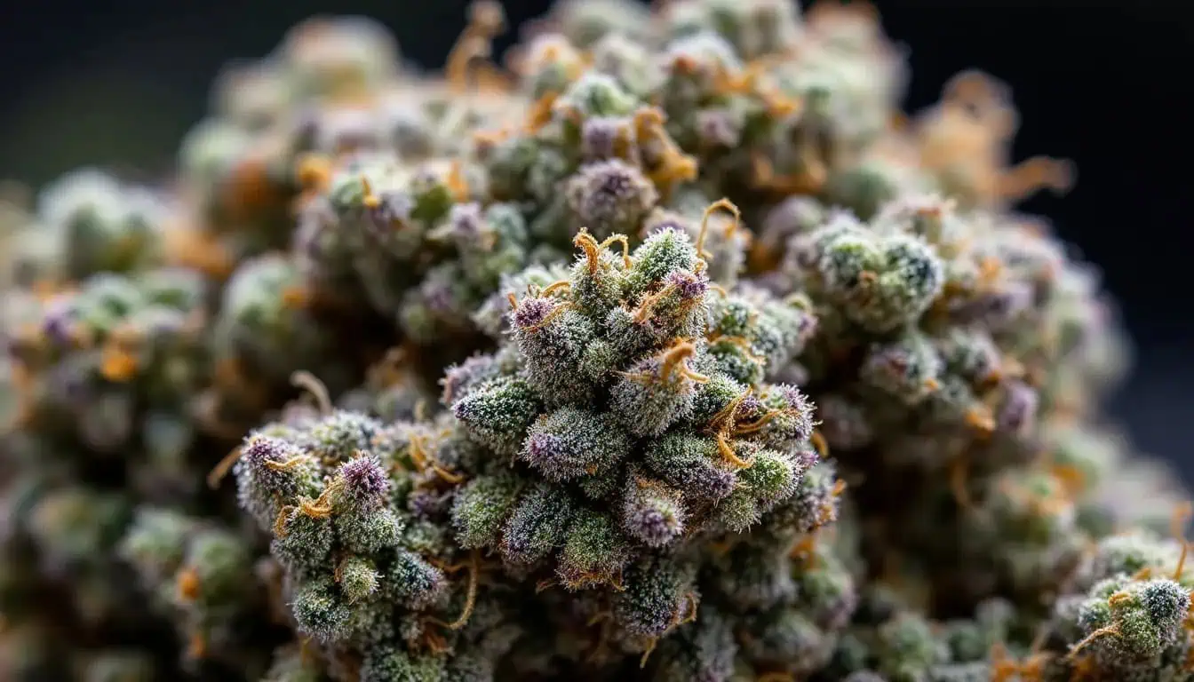 Close-up of a cannabis bud showing trichomes, orange pistils, and green and purple hues against a blurred background.