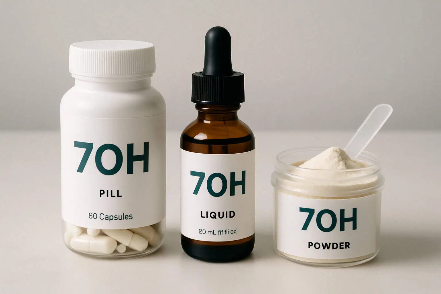 Three containers labeled "7OH" showcase various supplement forms—capsules in a pill bottle, liquid in a dropper, and powder with a scoop. Curious what is 7OH? Discover its versatility in these convenient options.