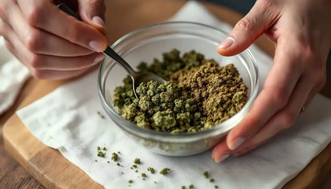 Mixing Strains of Weed: A Complete Guide to Cannabis Salads 1 The image depicts a person carefully mixing strains of weed, including both indica and sativa, in a salad bowl to create their own unique weed salad. Various colorful buds are visible, showcasing the diversity of flavors and effects that can be achieved by blending these cannabis strains together.