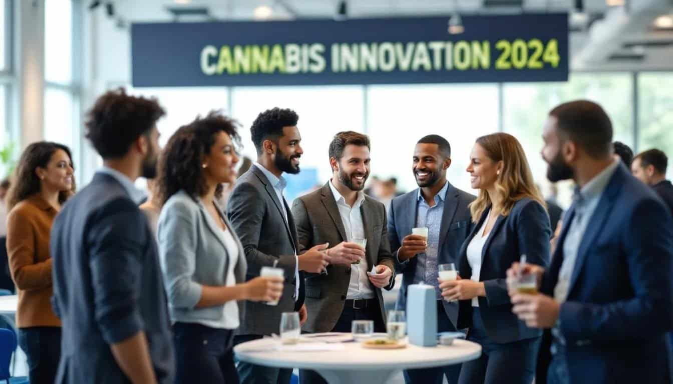 A diverse group of cannabis industry professionals is networking at a conference, engaging in discussions about cannabis culture, education, and advocacy. The scene reflects a vibrant cannabis community, showcasing a wide array of influencers and advocates passionate about cannabis legalization and its benefits.