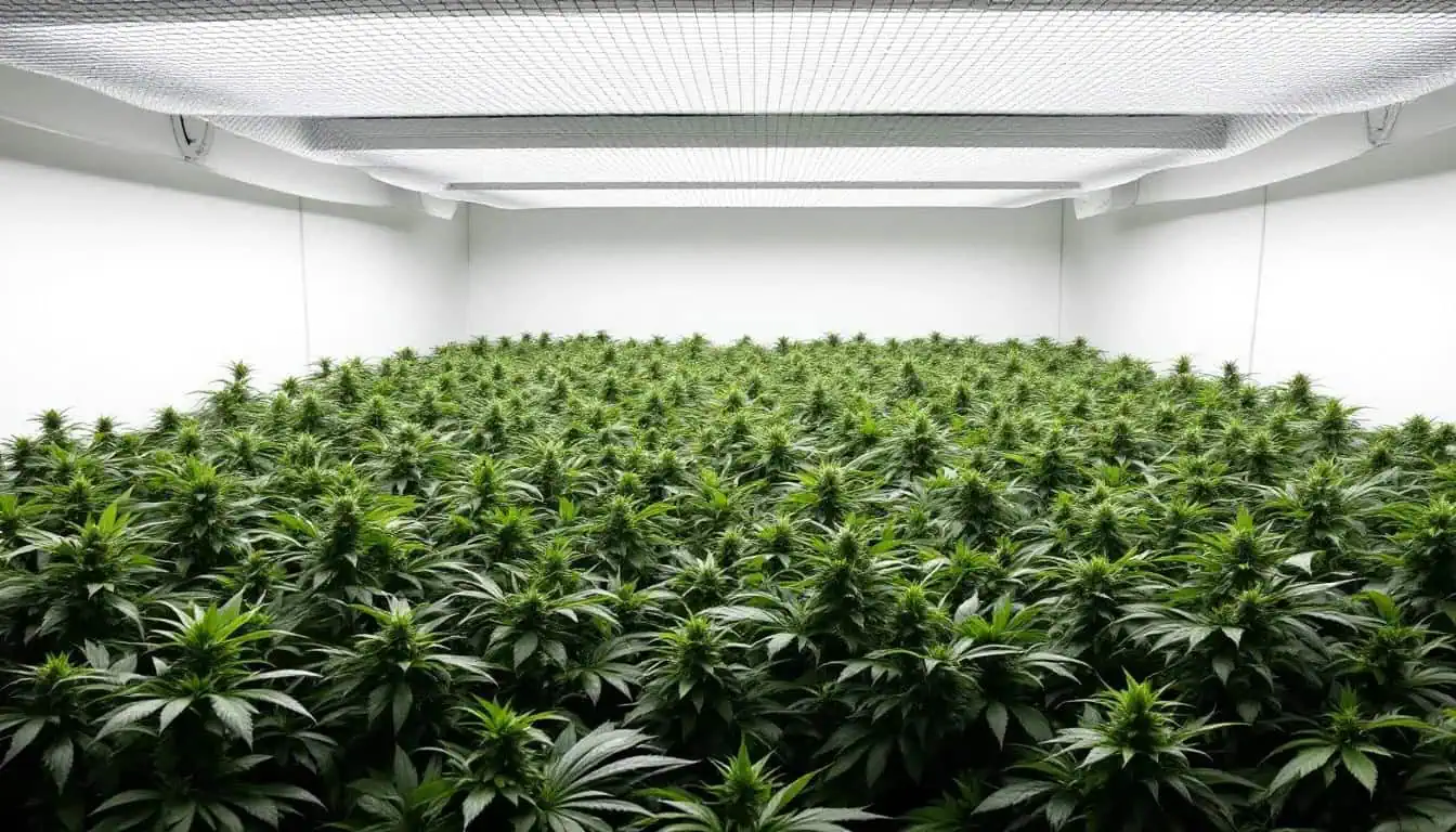 Benefits of the (SCROG) Screen of Green Method 1 In this indoor grow space, several cannabis plants are arranged beneath a mesh screen, forming a flat and even canopy at an equal height. The scrog method is utilized to promote horizontal growth and maximize light penetration, enhancing the plants' growth characteristics and potential yields. SCROG, Scrogging, screen of green.