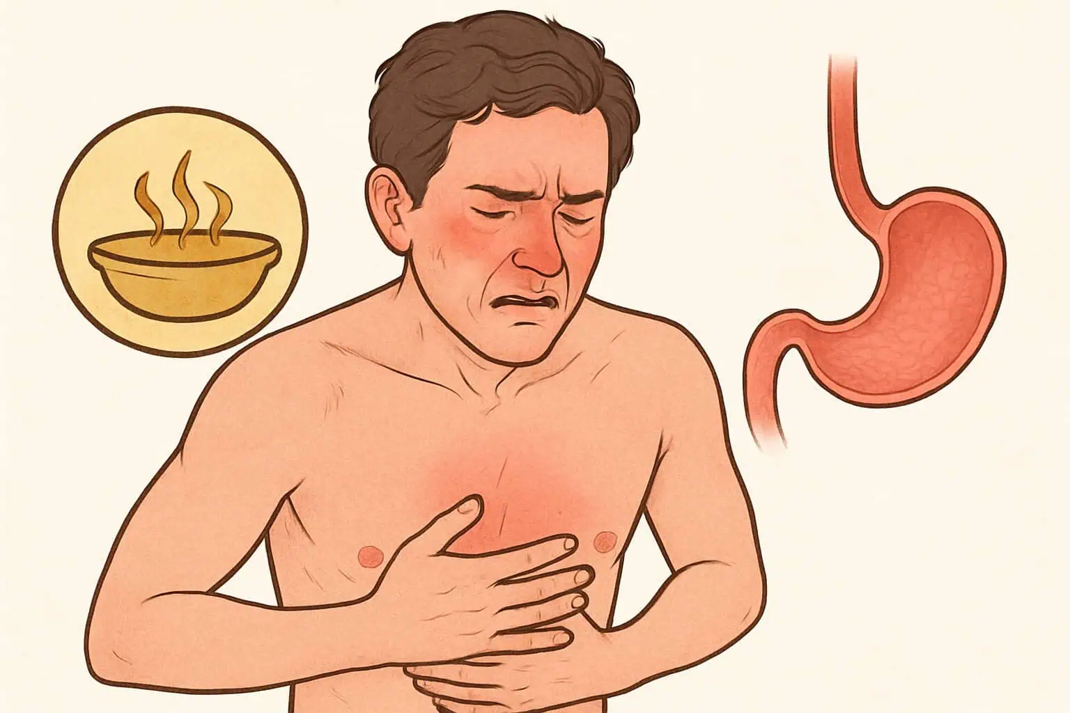 Illustration of a man holding his chest in discomfort with a red area, highlighting chs symptoms, a stomach image, and a bowl of hot food symbol.