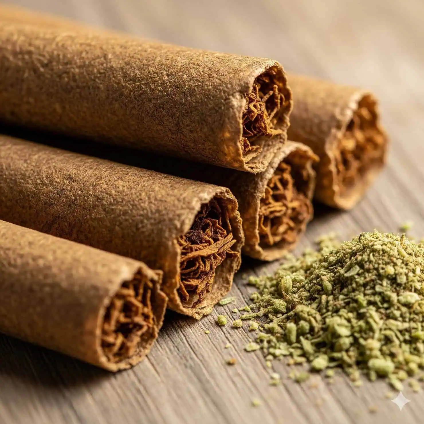 Close-up of several rolled cigars, some made with hemp wraps, on a wooden surface next to a small pile of loose dried green herbs.