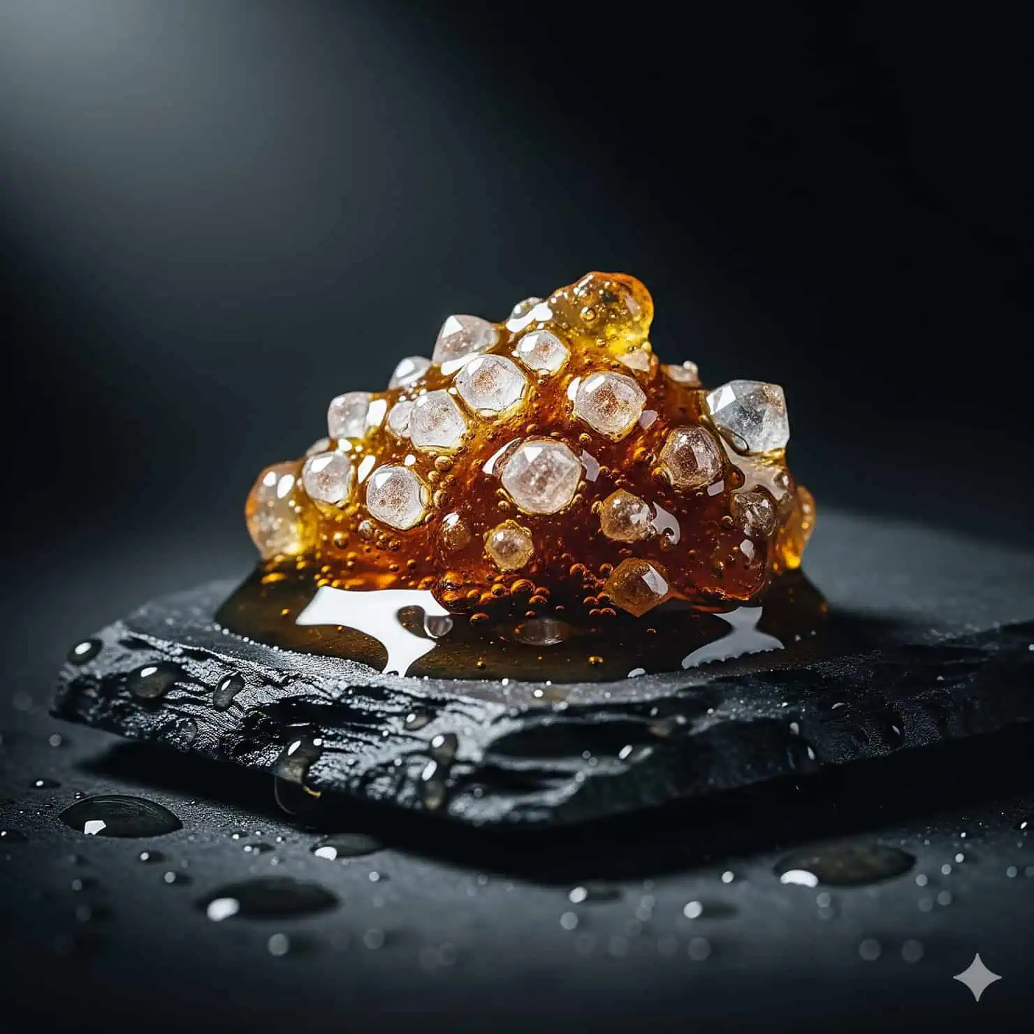 A cluster of amber-colored High Terpene Extract (HTE) gel with clear crystalline shapes sits on a wet black stone slab under dramatic lighting.