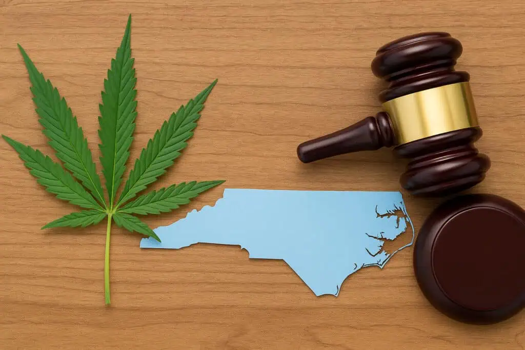 Is Weed Legal in North Carolina? 2025 Guide 2 North Carolina weed laws. A cannabis leaf with a North Carolina state map outline and a legal gavel. Is weed legal in North Carolina?