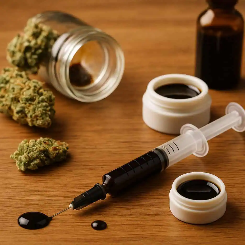 A syringe filled with dark RSO cannabis oil is lying on a wooden surface next to small jars of oil, cannabis buds, and a glass bottle.