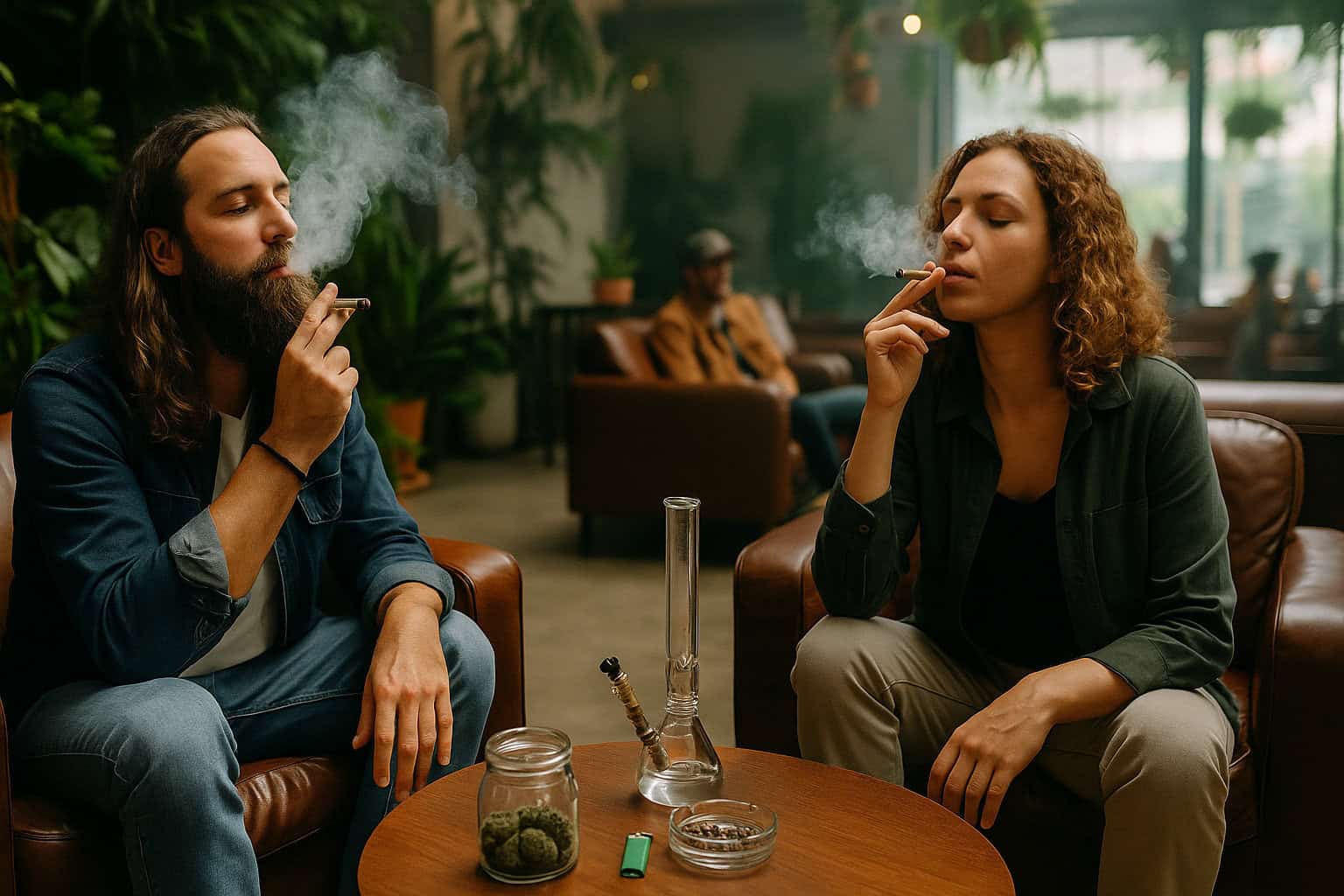 Two people relax in a cannabis lounge, each smoking a joint. A bong, a jar of cannabis, and a lighter rest on the table. Another person sits quietly in the background, adding to the laid-back atmosphere.