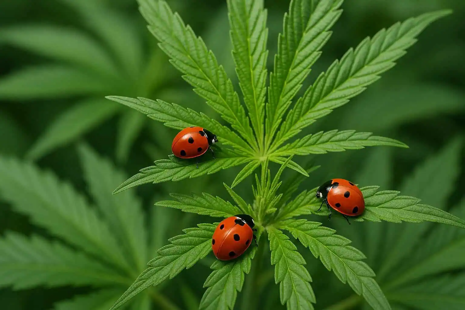 Three red ladybugs with black spots are sitting on the green leaves of a cannabis plant—a great sight if you’re wondering, "Are ladybugs good to have on my cannabis plant?" They help keep pests away naturally.