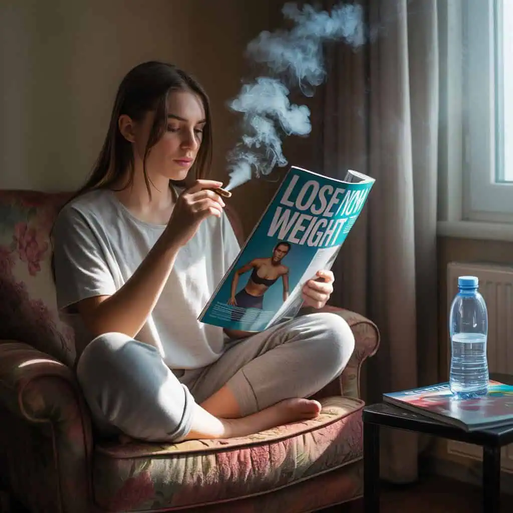 A woman sits cross-legged in an armchair, smoking and reading a "Lose Weight Now" magazine. A water bottle and magazine are on the side table. Sunlight streams in as she wonders, can cannabis make you lose weight?.