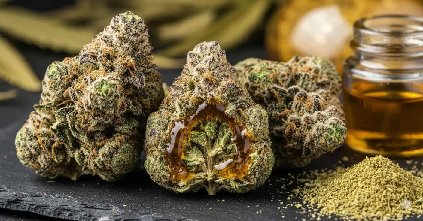 Close-up of cannabis buds, some coated to create cannabis caviar, displayed with a small jar of oil and a pile of kief on a dark slate surface.
