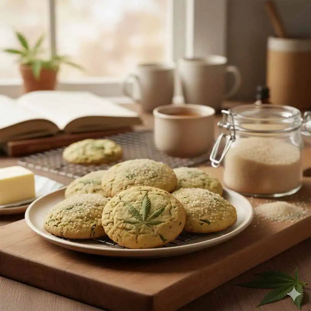 Cannabis Sugar (Cannasugar): Complete Guide 2 cannabis sugar cookies on a table on a plate next to a jar filled with cannasugar