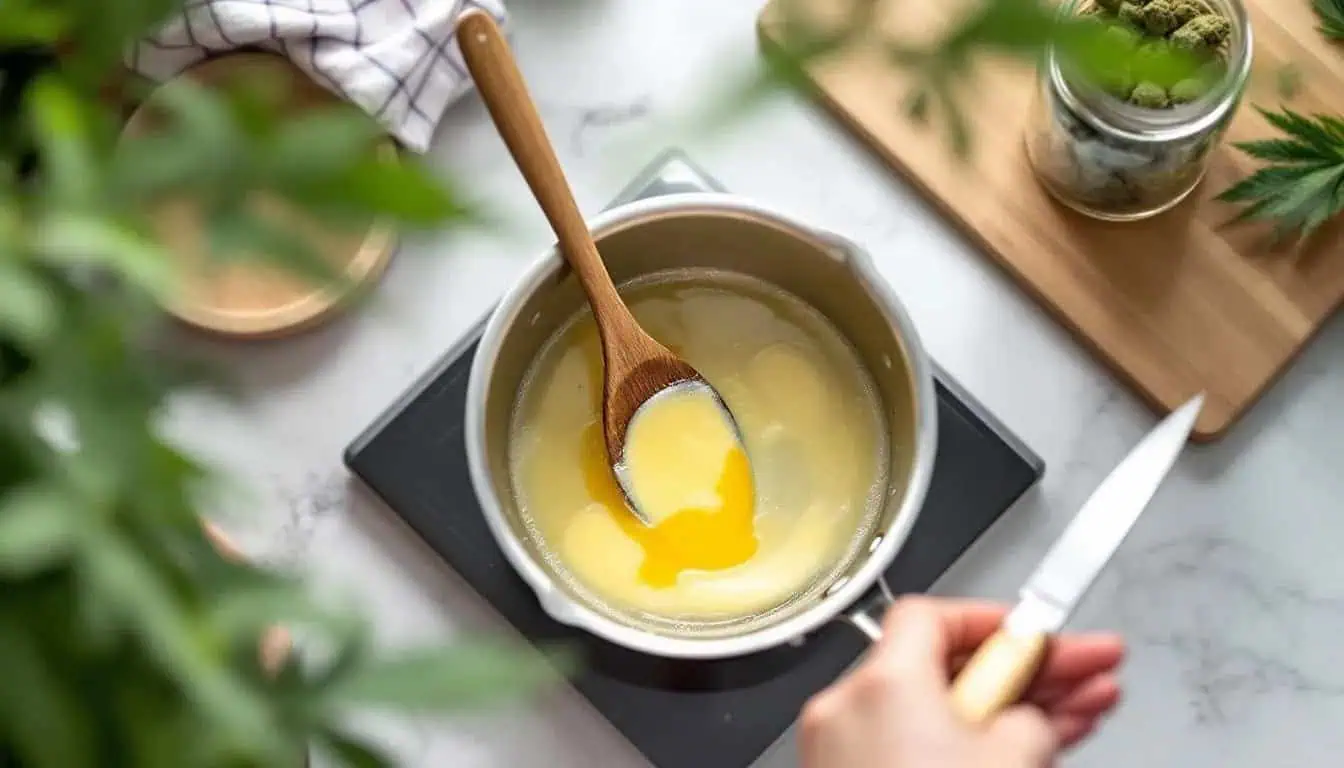 THC Infusion: Ultimate Guide 2025 : Drinks & Foods 3 The image shows a container of cannabutter, a greenish-yellow fatty substance infused with the essence of the cannabis sativa plant, ideal for use in baking or cooking cannabis infused foods. This product can be utilized in various recipes, providing a unique flavor and potential psychoactive effects when consumed.