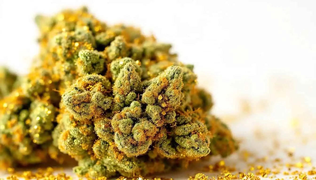 24K Gold Strain: Complete Guide 1 The image showcases the 24K gold strain of cannabis, featuring dense, vibrant buds with a rich tangerine aroma and earthy notes. This indica-dominant strain is known for its balanced effects, offering euphoric and relaxing qualities that can help relieve stress and anxiety for medicinal users.