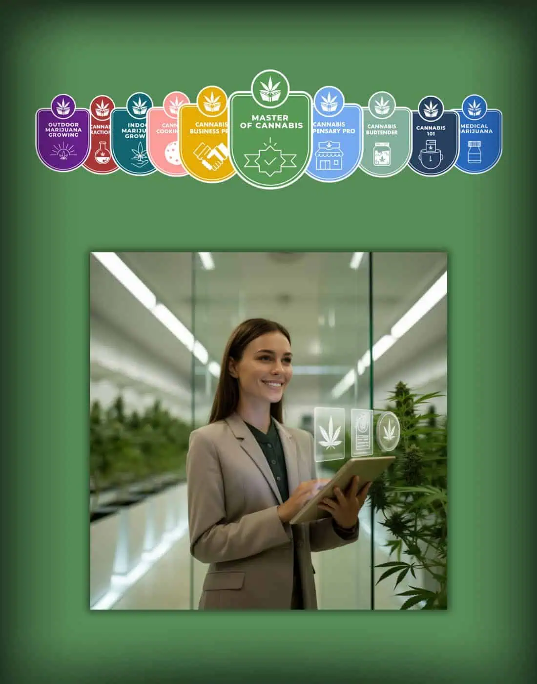 Home 6 online cannabis training badges and a women on a laptop