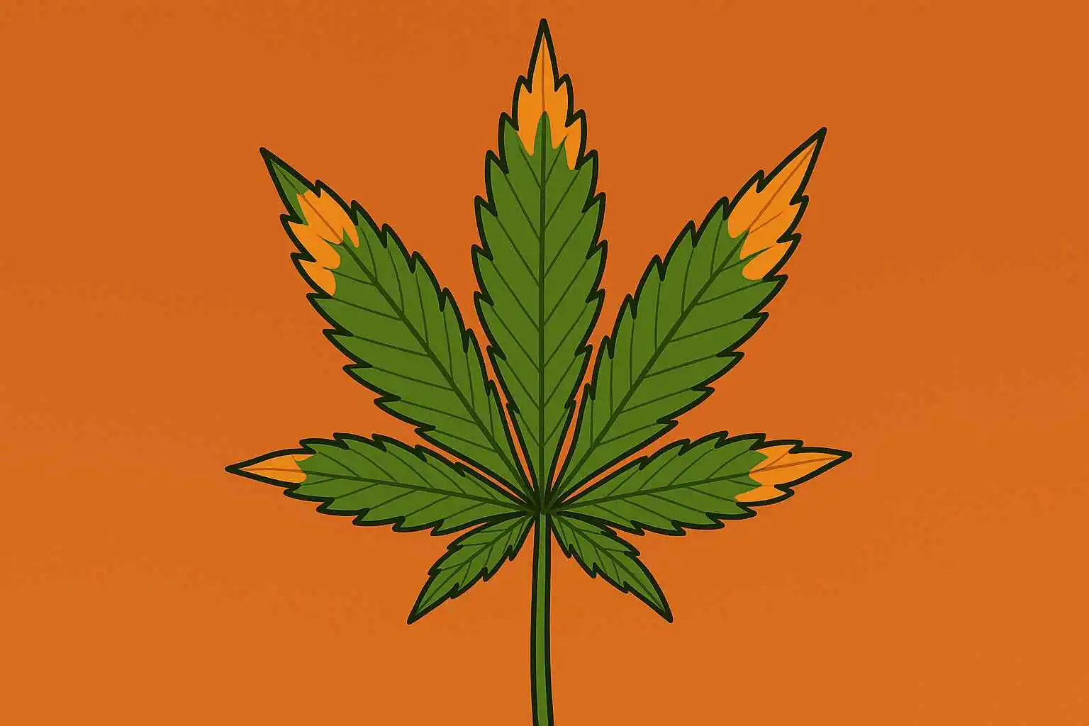 A green marijuana leaf with orange-tipped edges—often a sign of potassium deficiency in cannabis—is centered on an orange background.