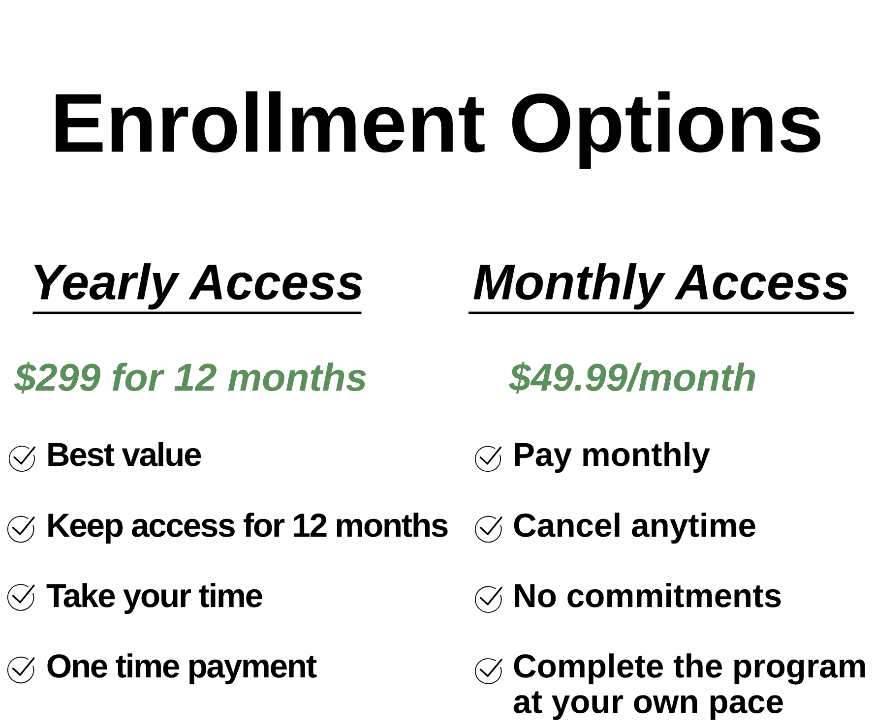 Home 9 Comparison chart showing Cannabis Training Yearly Access at $299 for 12 months and Monthly Access at $49.99 per month, with cannabis college benefits listed for each option.