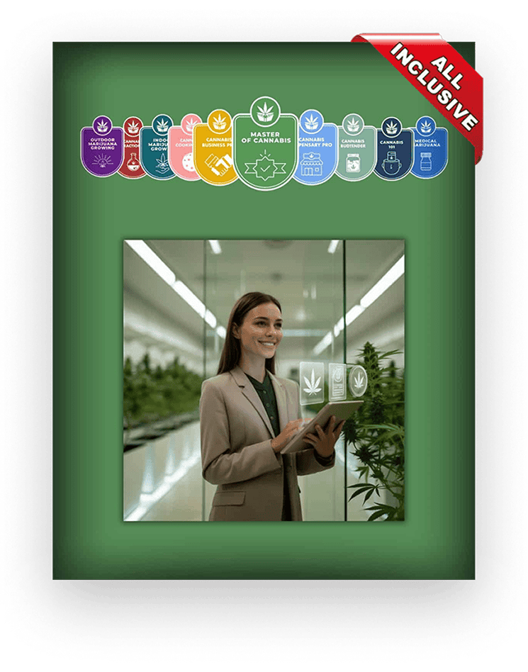 online cannabis training badges and a women on a laptop