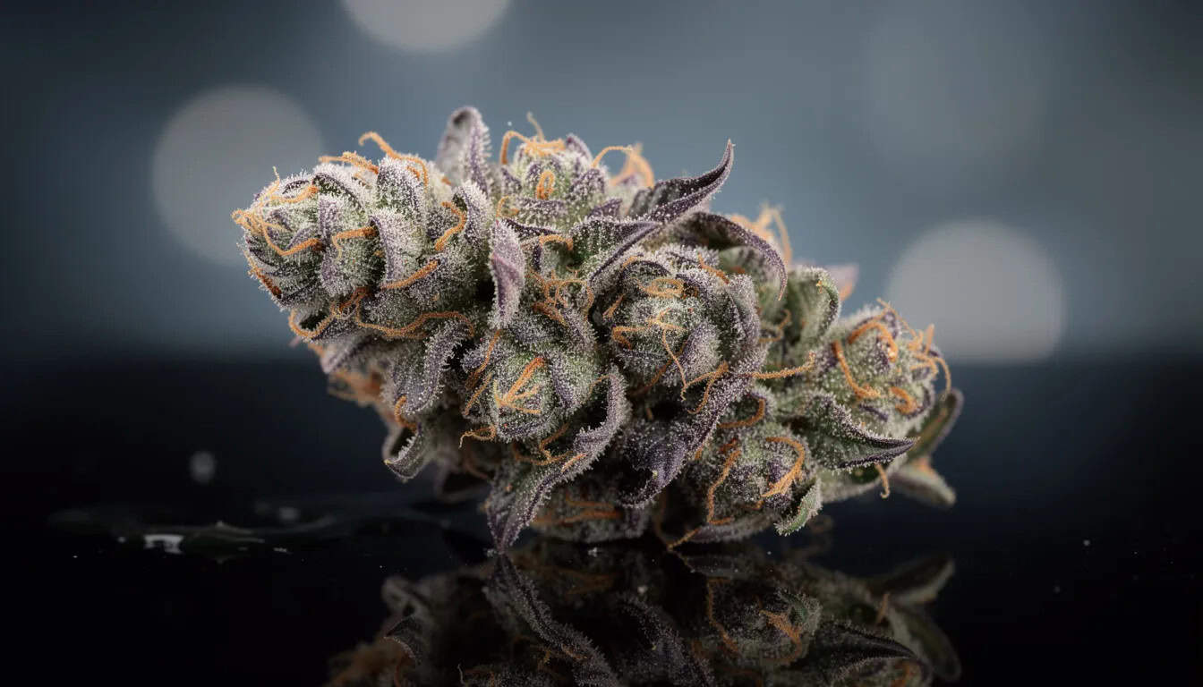 Ultimate Guide To LA Cake Strain 1 The image showcases the LA Cake strain, an indica dominant hybrid known for its frosty trichomes and distinct aroma, featuring sweet and earthy undertones. This cannabis strain is celebrated for its relaxing effects, making it beneficial for managing chronic pain conditions and sleep disorders.