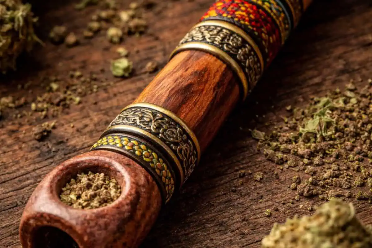chillum pipe with tribal accents on a wood table