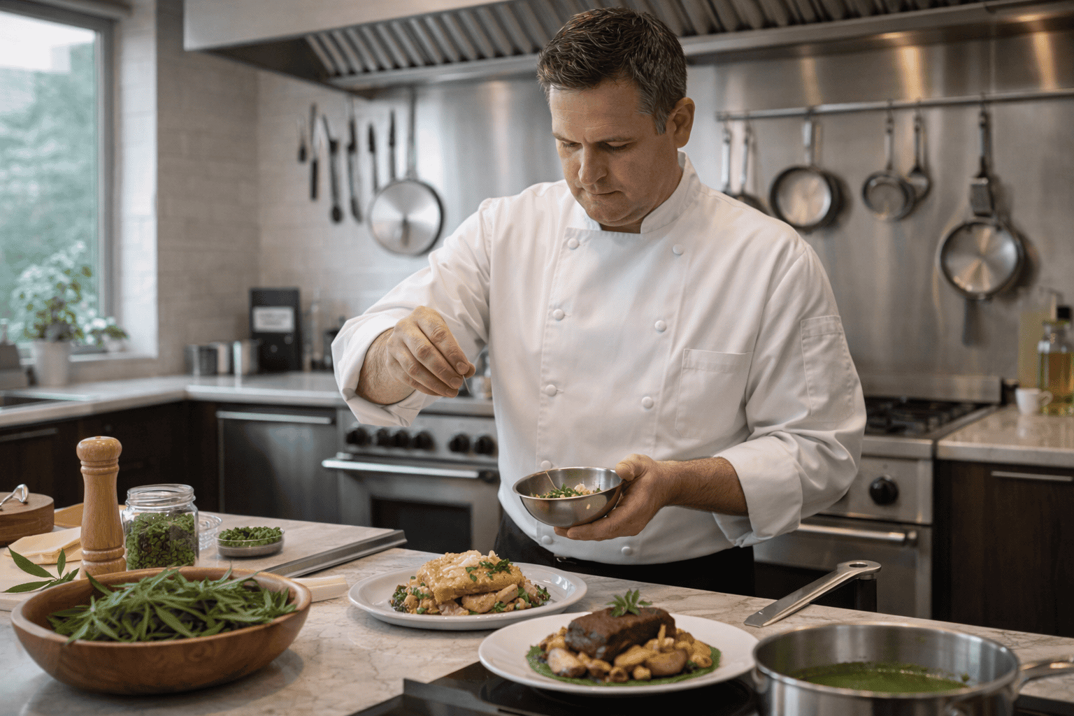 Chef preparing cannabis-infused dishes in a professional kitchen