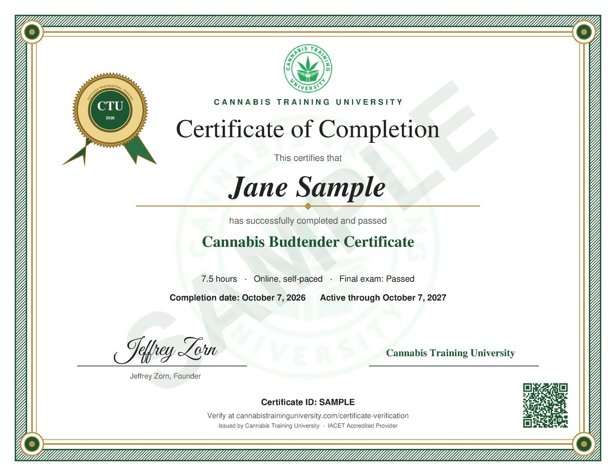 Sample Cannabis Budtender Certificate with a verification code.