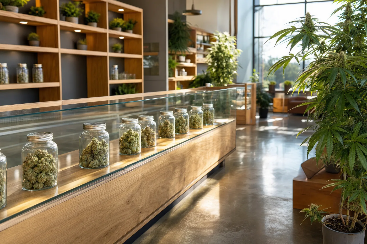 Bright, modern cannabis dispensary interior with wooden shelves and glass display cases, where trained budtenders work.