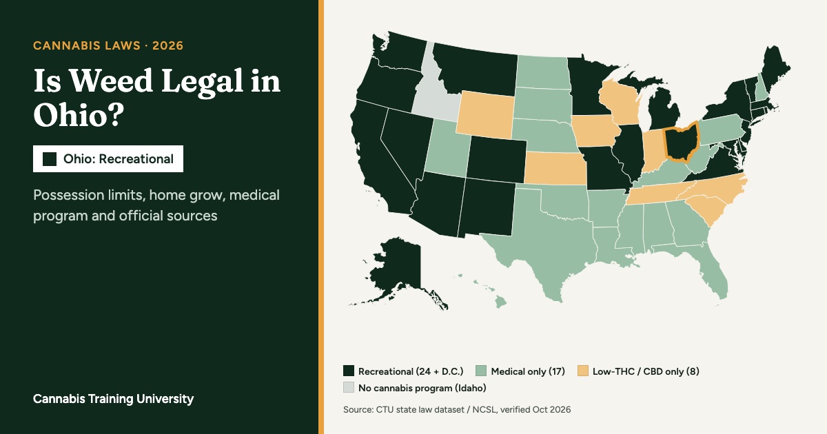 Map: Ohio highlighted; recreational cannabis is legal in Ohio (CTU state law dataset)