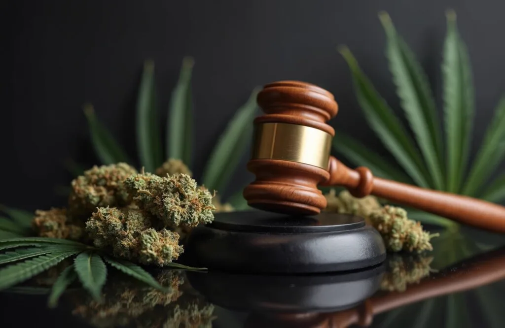 Wooden judge gavel and sound block represent legality of cannabis. Hemp buds and leaf on black mirror background reflect legal and illegal cannabis issues. Represents law and justice.