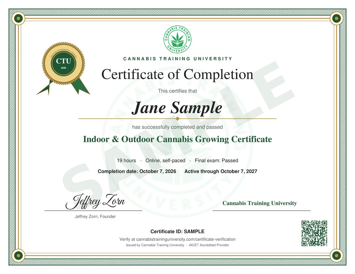 Sample of the Indoor & Outdoor Cannabis Growing Certificate from Cannabis Training University