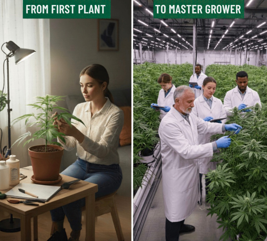 a women next to a cannabis plant and workers checking out cannabis plants